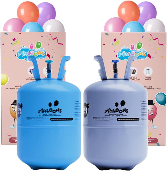Airloons Helium Balloon Kit with 2 Pack 7.5 Cu Ft Tank - Includes 60 Multicolor 9 in Latex Balloons, Ribbon & Easy to Fill Nozzle - Easy Setup for Birthdays, Weddings, Baby Showers, DIY Party Décor