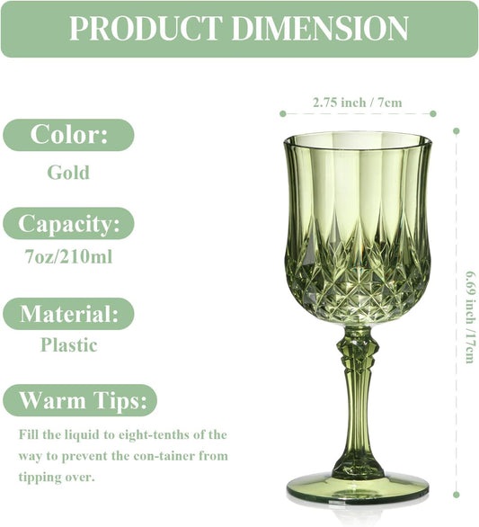 XUWAIDSGN 24 Pcs 7oz Plastic Vintage Wine Glasses Drinking Glasses Unbreakable Wedding Glassware Crystal Water Goblets Reusable Drinkware Vintage Champagne Flutes (24, Dark Green)