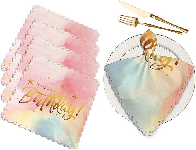 Happy Birthday Table Napkins Cloth Set of 4 Soft Watercolor Stars Dreamy Hand Written Letters Washable and Reusable Dinner Napkins for KitchenWeddings Parties 18 x 18 inch