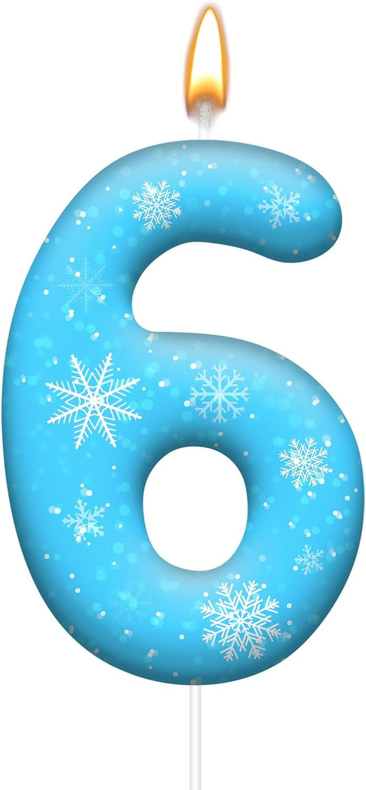 White and Blue Frozen Themed Party Birthday Candles - Blue Number Candles Snowflake Themed Party Decorations, Girls Party Supplies(Number 6)