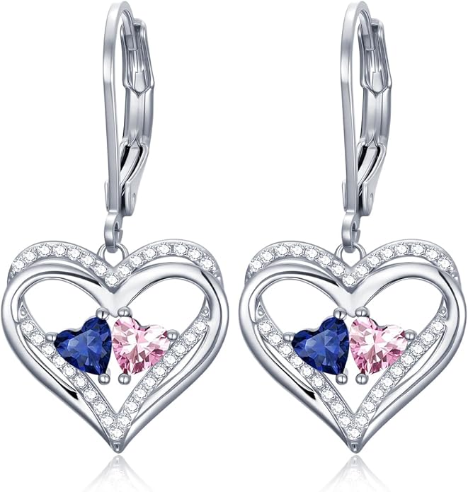 Valentines Day Gifts for Women, Heart Leverback Earrings Double Birthstone Dangle Earrings for Women, Love Jewelry for Her, Anniversary Birthday Gift for Mom Wife Girlfriend