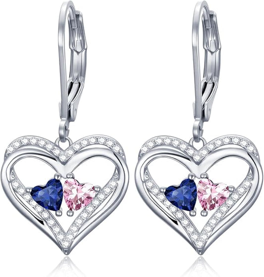 Valentines Day Gifts for Women, Heart Leverback Earrings Double Birthstone Dangle Earrings for Women, Love Jewelry for Her, Anniversary Birthday Gift for Mom Wife Girlfriend