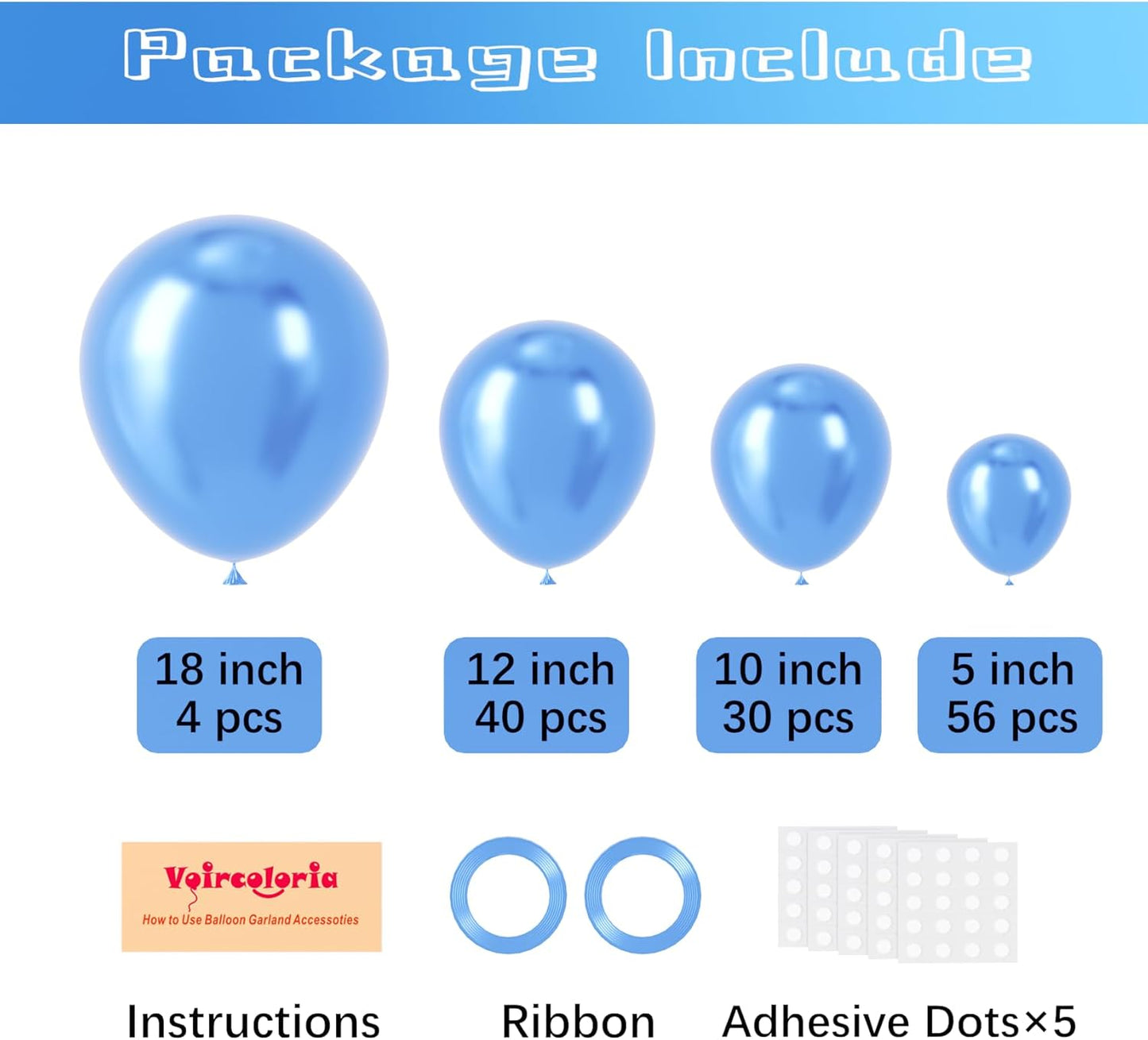 130pcs Metallic Blue Balloons Different Sizes 18" 12" 10" 5" Chrome Blue Latex Balloon Garland Arch Kit for Birthday Baby Shower Graduation Wedding Gender Reveal Party Decorations