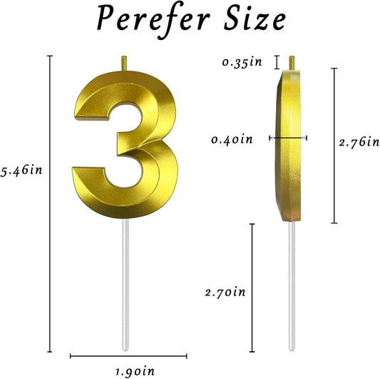 Gold Number 3 Candles, 3D Diamond 2.76 Inch Cake Topper Birthday Candles for Wedding Anniversary Cake Decorations, Happy Birthday Party Decorations