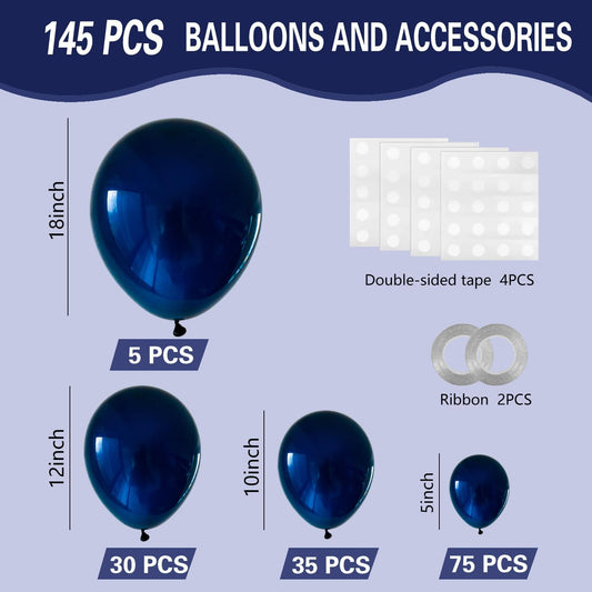 Navy Blue Balloons 145pcs Different Sizes 5in 10in 12in 18in Dark Blue Round Latex Balloon Arch Kit Garland for Graduation Wedding Baby Shower Birthday Party Decoration