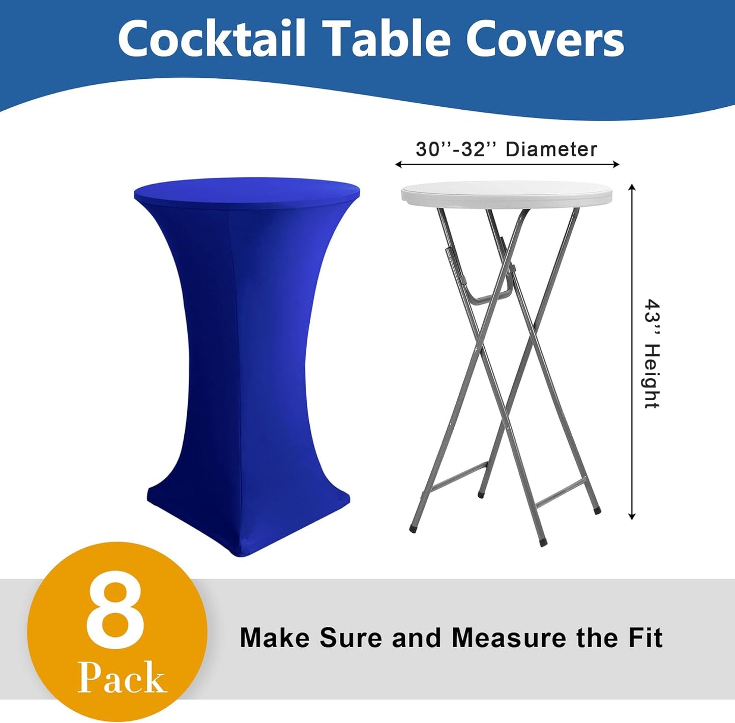 Cocktail Table Covers-Spandex Round High Top Table Cloths 8 Pack 32x43 Inch-Royal Blue Stretch Fitted Bar Tall Tablecloth for Pub Bistro Highboy Party Event Banquet Height Satnding Tables