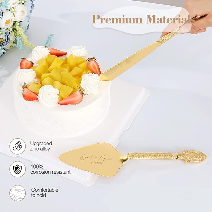 TUKDAK Cake Cutting Set for Wedding, Personalized Gold Cake Knife and Server Set, Custom Cake Serving Set, Engraved Pastry Pie Server Cake Pizza Cutter, Birthday Bridal Gift (CUS-Vintage)
