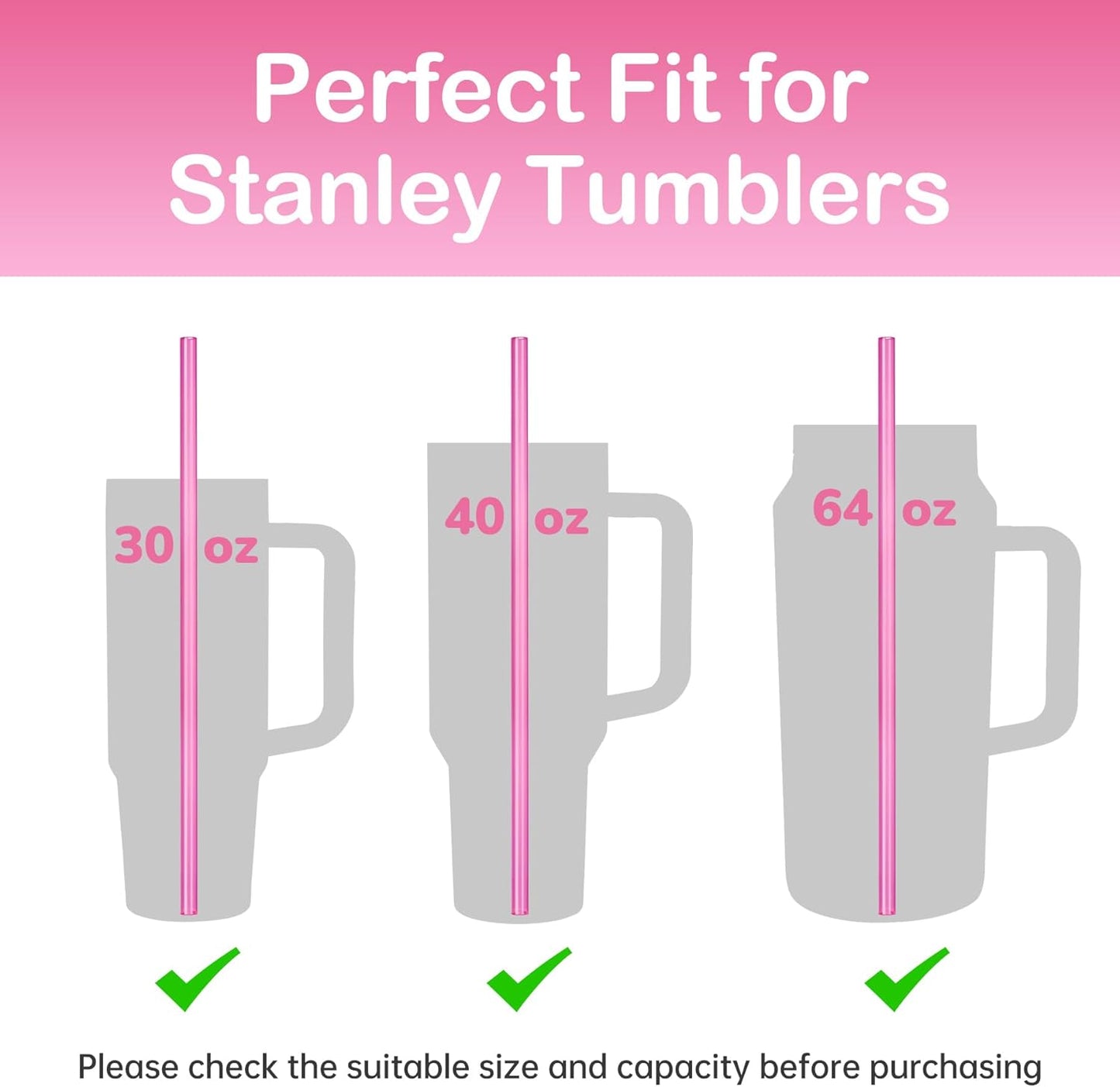 NiHome 12-Pack Plastic Reusable Drinking Straws for Stanley 40 oz 30oz 64 oz Tumbler, 6 Color 12 In Reusable Straws Fit for Stanley Cups w/ 2 Brushes, BPA-Free for Cold & Hot Beverages (Gradient Pink)