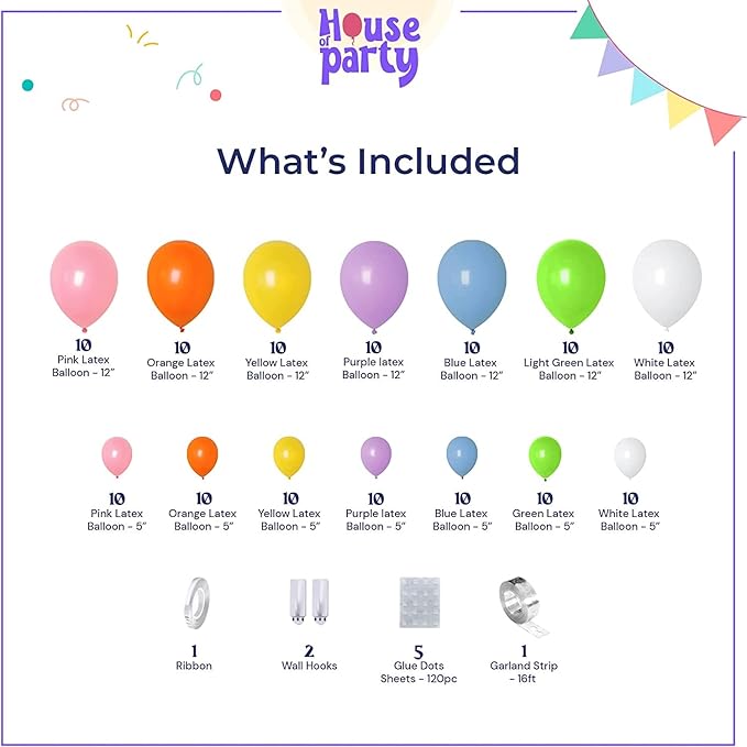 HOUSE OF PARTY Pastel Rainbow Balloons-140 Pcs, Pastel Color Balloons | Pastel Balloon Garland with Pink, Yellow, Orange, Green & White Balloons Perfect for valentines Decor & Graduation Party