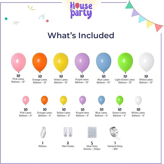HOUSE OF PARTY Pastel Rainbow Balloons-140 Pcs, Pastel Color Balloons | Pastel Balloon Garland with Pink, Yellow, Orange, Green & White Balloons Perfect for valentines Decor & Graduation Party