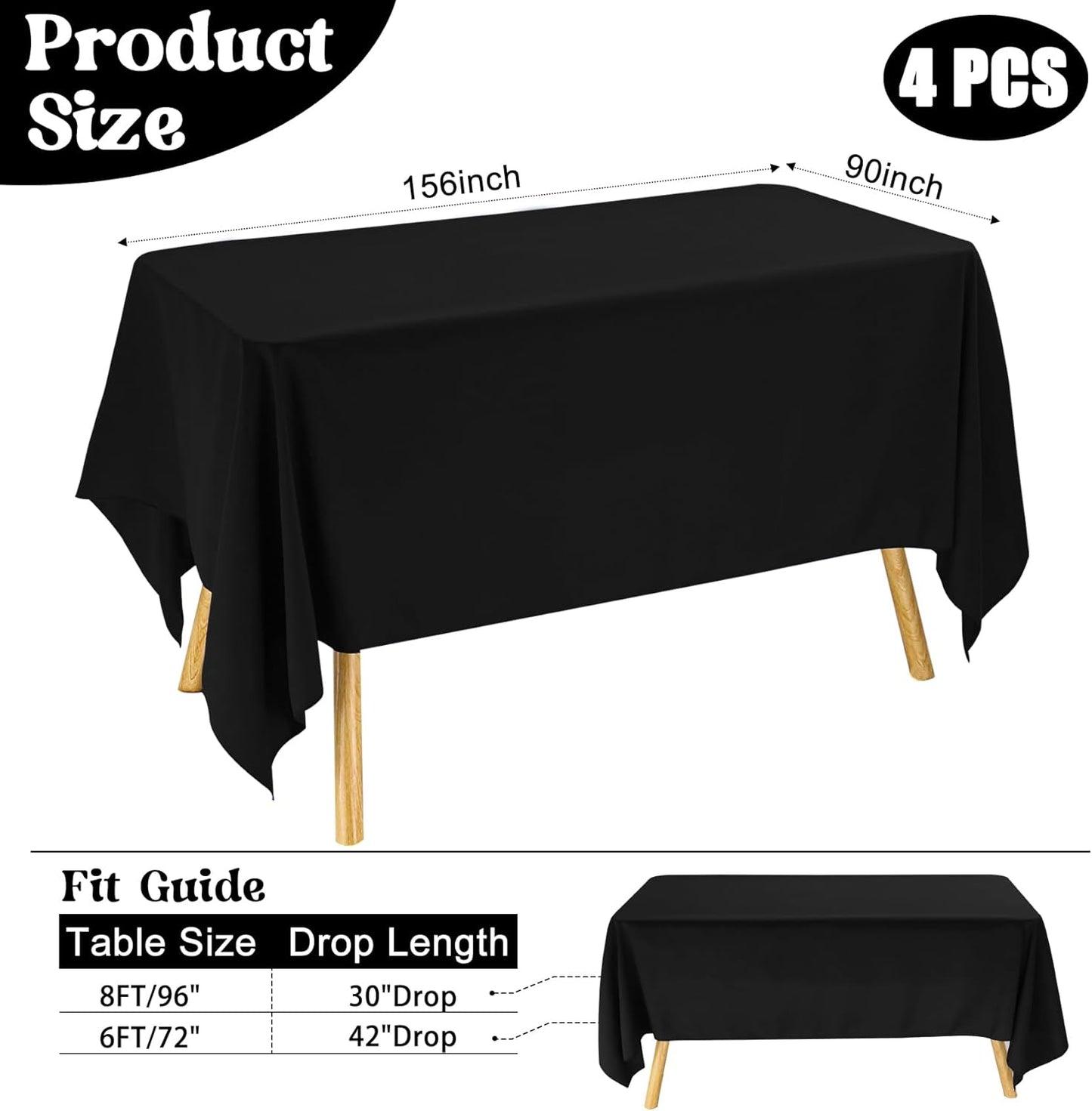 4 Pack Rectangle Tablecloth 90x156Inch Black Washable Polyester Table Cover for Wedding Dining Table Buffet Parties Banquet Decoration（Black）