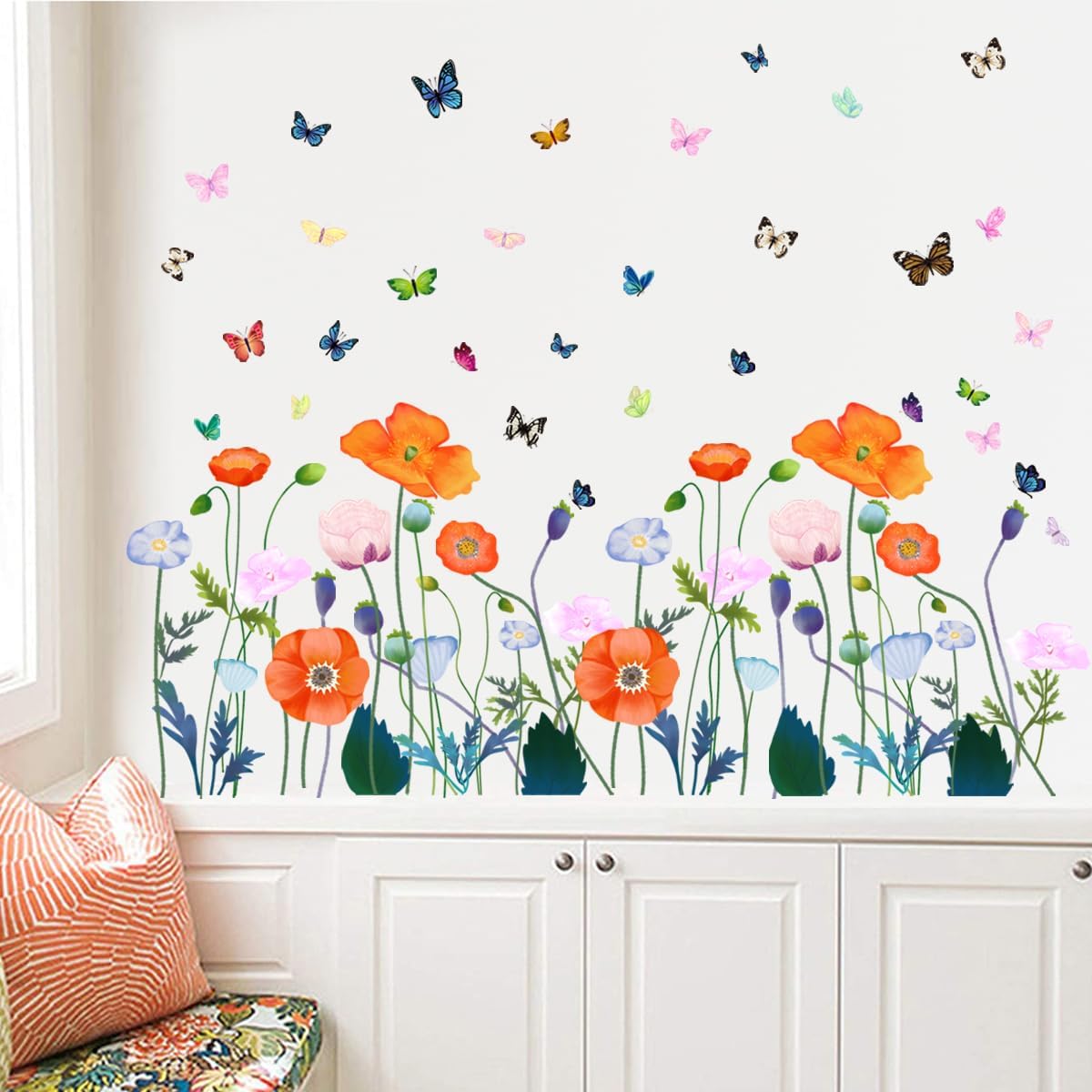 6 Pieces Flowers Wall Decals Vinyl Flowers Wall Stickers Removable Floral Murals Peel and Stick Colorful Flower Decor for Girls Bedroom Living Room Nursery (Orange)