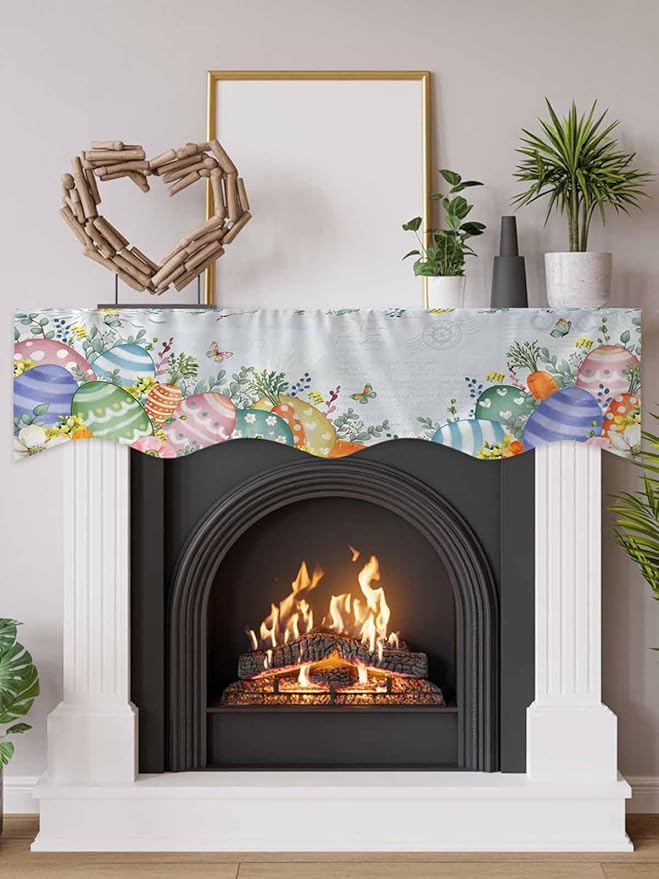 Easter Colorful Eggs Fireplace Mantel Scarf Table Runner, Spring Eucalyptus Leaves Floral Plant Winter Garland Mantel Top Tablerunners Dresser Scarves Cover for Windows Party Living Room 60''x17''