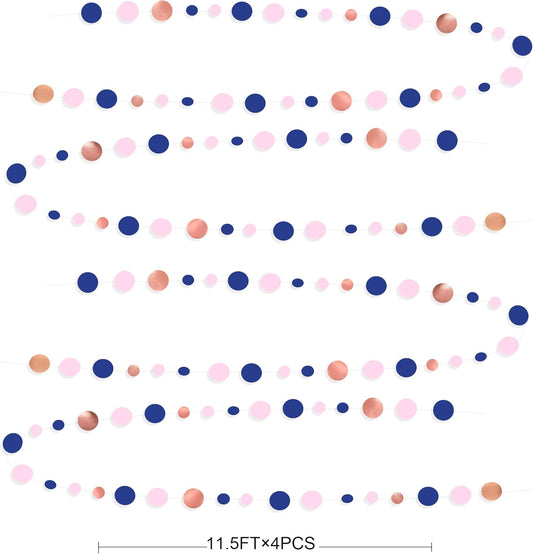 46Ft Navy Blue Blush Circle Dot Garland Royal Blue Pink Rose Gold Hanging Paper Polka Dot Streamer for Gender Reveal Baby Shower Birthday Engagement Wedding Bridal Shower Anniversary Party Decorations
