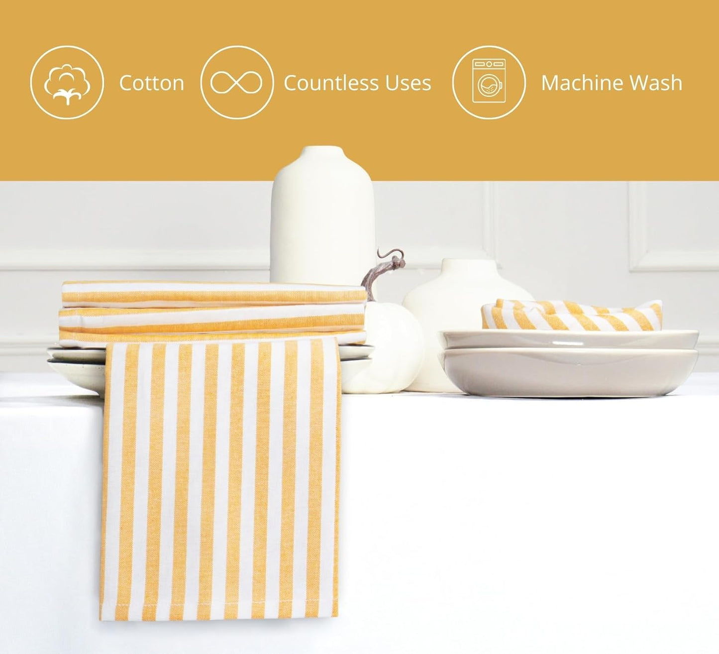 PurpleEssences Plain Striped Cloth Napkins - Set of 12-100% Cotton - 18 x 18 Inch - Fall Thanksgiving - Perfect Everyday Use Dinner Napkin - Golden Yellow White
