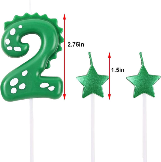 2.75 Inch Green Dinosaur Shaped 2 Number Birthday Candles and Star Birthday Candles,Suitable for Dinosaur Birthday Decorations & Themed Parties Celebration