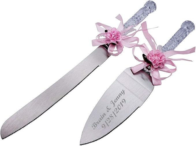 GIFTS INFINITY Personalized Wedding Cake Knife and Server Set with Engraving – Cake Cutting Utensil Set, Keepsake Gift for Wedding, Anniversary, Reception, Birthday & Other Occasions (Flower HG Pink)