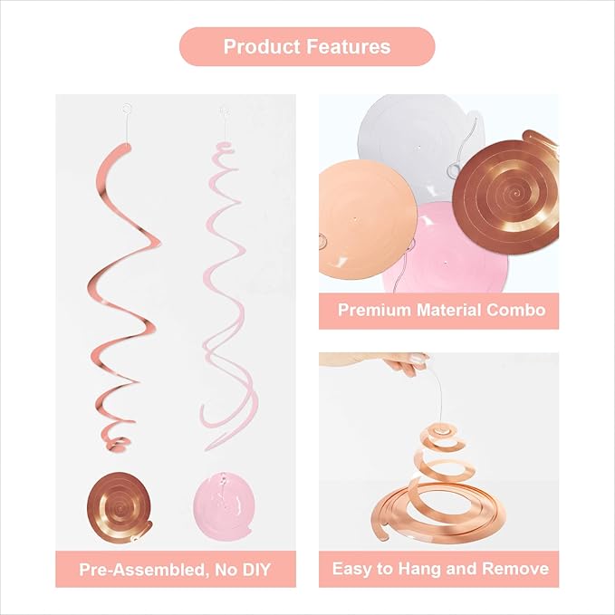 HonuGoGo Pink Hanging Swirl Decorations for Party – 42PCS Rose Gold Foil Ceiling Streamers with Hooks for Birthday, Bridal Shower, Bachelorette, Holiday Celebrations