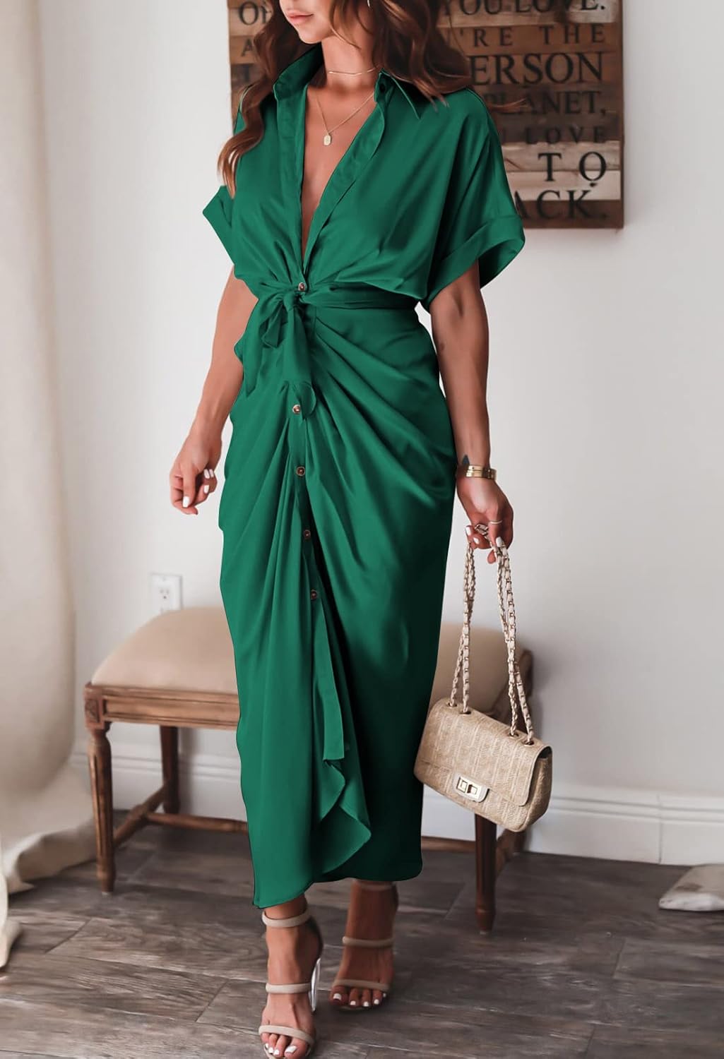 Women Elegant Satin Button Down Short Sleeve Maxi Shirt Dress with Belt