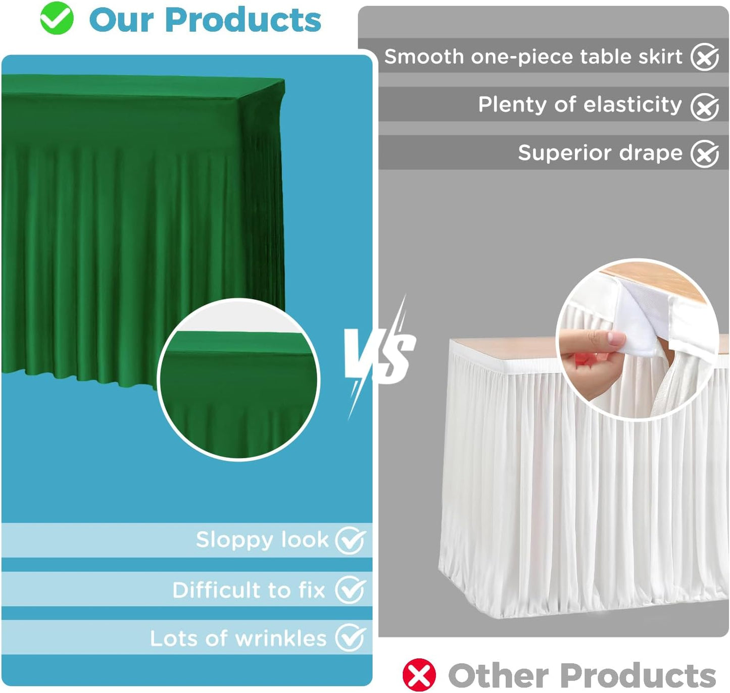 Table Skirts for 6ft Rectangle Tables - 2PCS Green Table Covers for 6 Foot Tables, Wrinkle Resistant Ruffles Elastic Table Cloths and Table Skirt for Banquets/Weddings/Parties/Birthday
