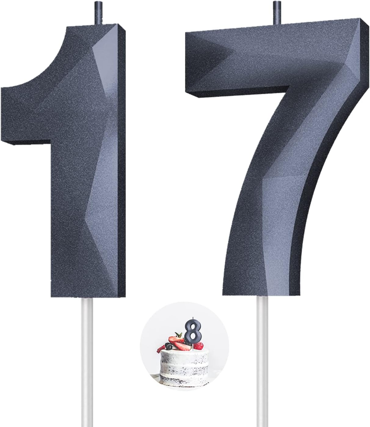 Number Birthday Candles(17 Candle Black) 3D Diamond Shape 17th Happy Birthday Cake Topper Decorations for Boy Men Birthday Wedding Anniversary Celebration Theme Party Supplies