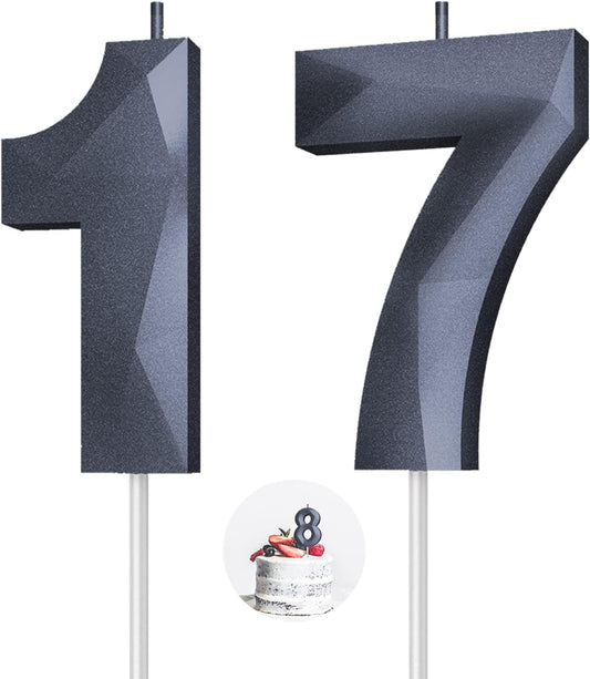 Number Birthday Candles(17 Candle Black) 3D Diamond Shape 17th Happy Birthday Cake Topper Decorations for Boy Men Birthday Wedding Anniversary Celebration Theme Party Supplies