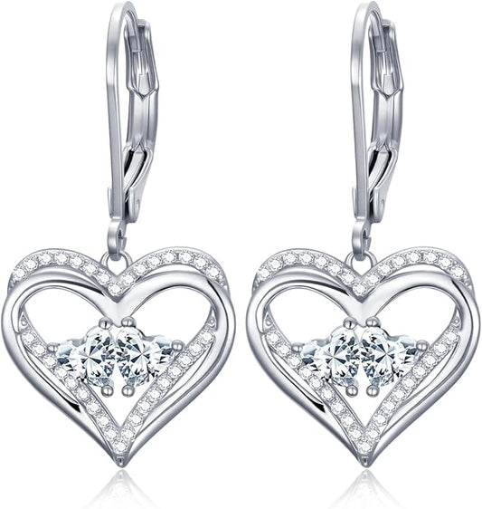 Valentines Day Gifts for Women, Heart Leverback Earrings Double Birthstone Dangle Earrings for Women, Love Jewelry for Her, Anniversary Birthday Gift for Mom Wife Girlfriend