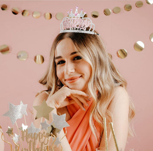 Wecoe Birthday Crown Silver Princess Rhinestone Tiara with Combs Happy Birthday Party Favors Pink Decorations 16th 18th 21st 25th Gifts for Her