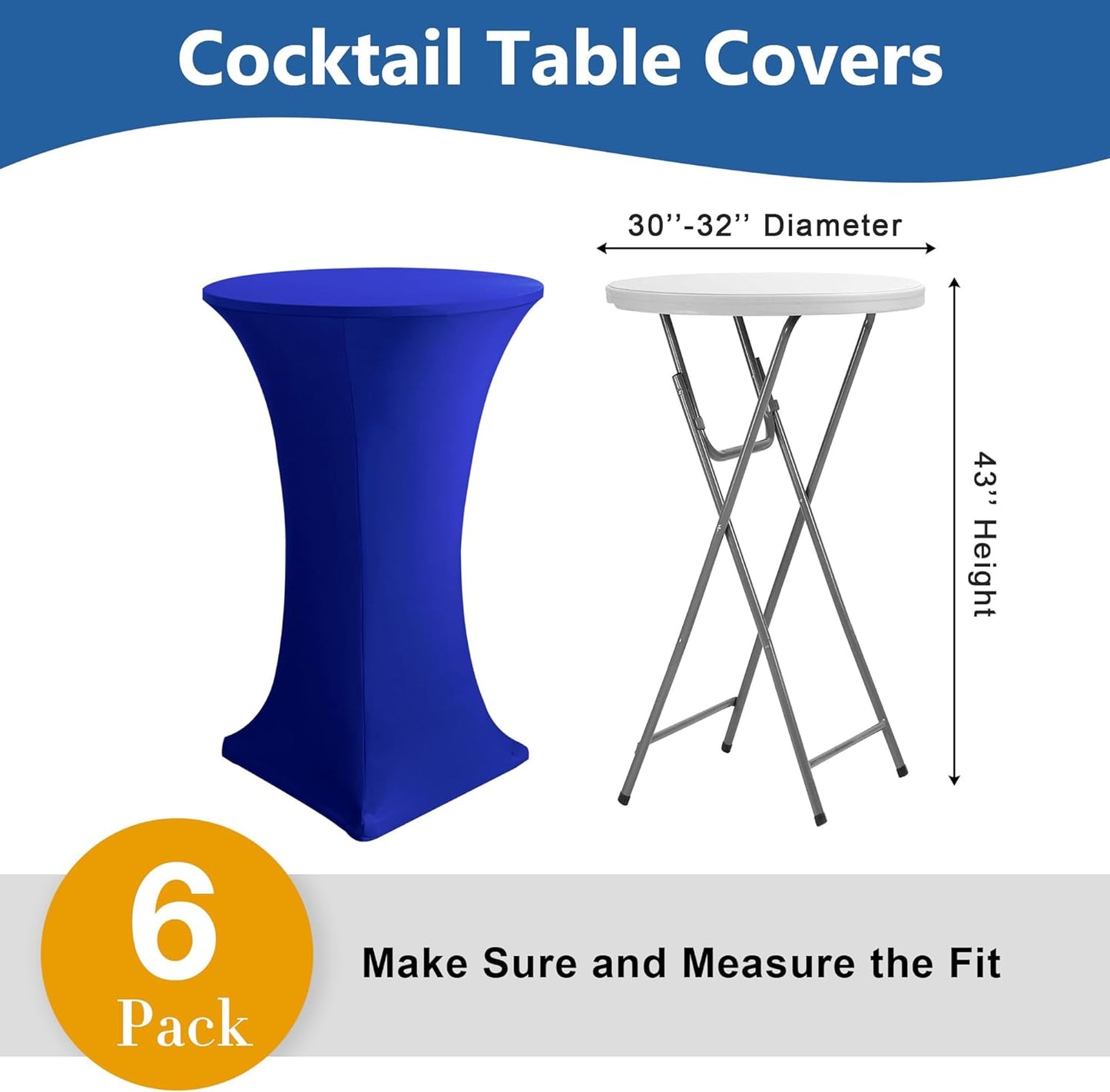 Cocktail Table Covers-Spandex Round High Top Table Cloths 6 Pack 32x43 Inch-Royal Blue Stretch Fitted Bar Tall Tablecloth for Pub Bistro Highboy Party Banquet Height Folding Satnding Tables