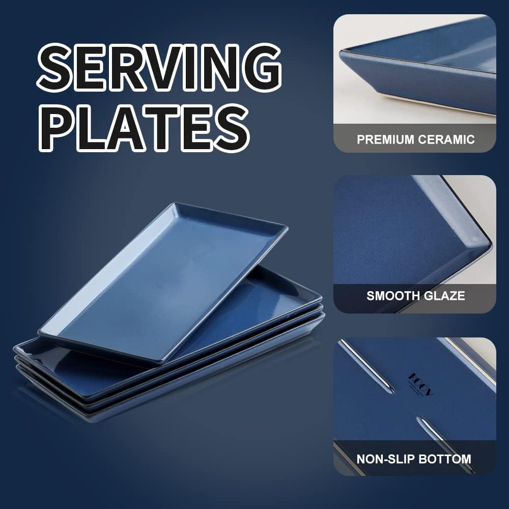 Ceramic Serving Tray, 14 Inches Large Serving Platter, Rectangular Serving Tray, Porcelain Serving Plates, Ceramic Serving Dishes for Dinner, Party, Sushi, Dessert, Food, Set of 4 (Stone Blue)