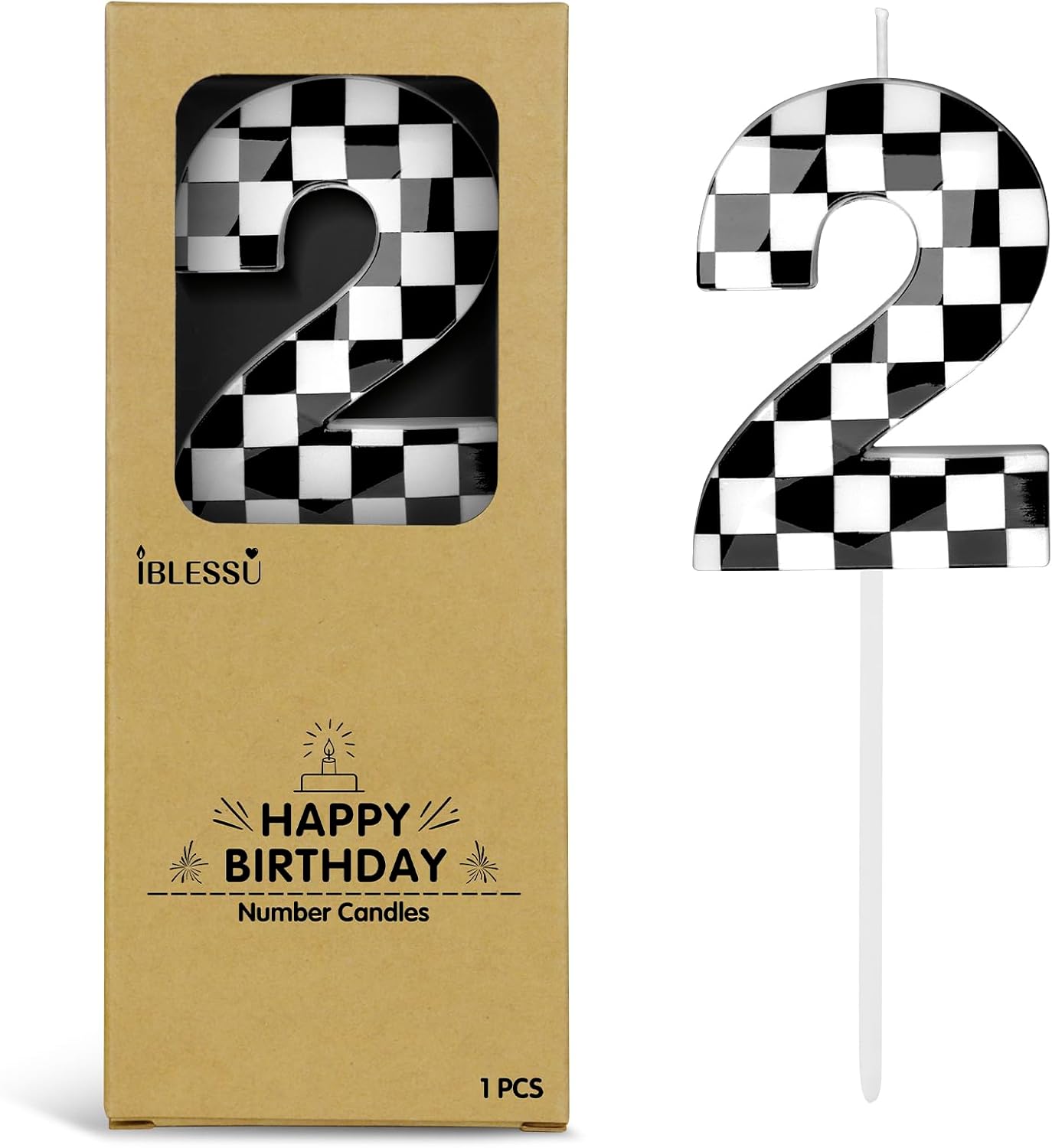Number 2 Racing Cars Birthday Candles,2.68 Inch Black White Checkered Birthday Number Candles, Cool Racing Themed Number Candles for Boys and Girls, Kids Race Car Themed Party Decorations Supplies