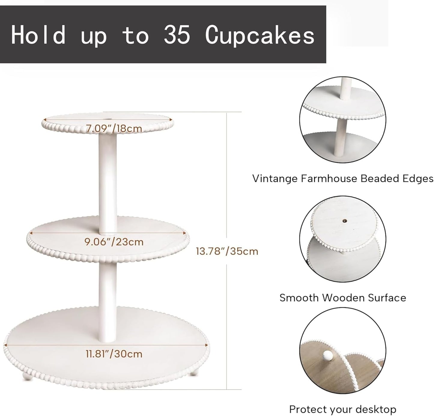 3-Tiered Cupcake Stand, White Wooden Beaded Cupcake Tower for Home Decoration, Farmhouse Cake Stand 3-Tiered Tray for Display Birthday Wedding Baby Shower Tea Party Decor