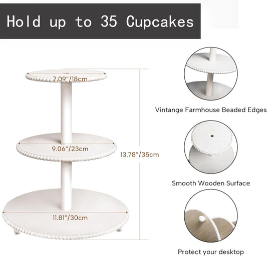 3-Tiered Cupcake Stand, White Wooden Beaded Cupcake Tower for Home Decoration, Farmhouse Cake Stand 3-Tiered Tray for Display Birthday Wedding Baby Shower Tea Party Decor