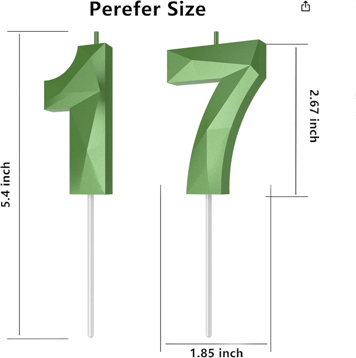 Number Birthday Candles(17 Candle Green) 3D Diamond Shape Number Happy Birthday Cake Candles for Birthday Party Wedding Decoration Reunions Theme Party