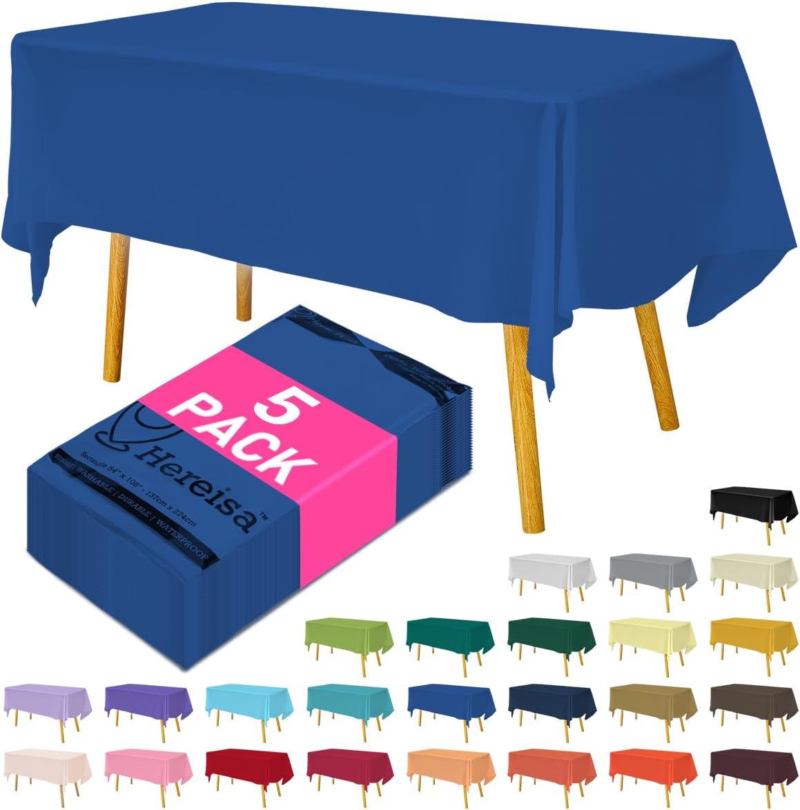 Disposable Plastic Tablecloth Royal Blue 54x108 Inch, 5-Pack Waterproof Rectangular Table Cover for Parties, Picnics, Dining Protection