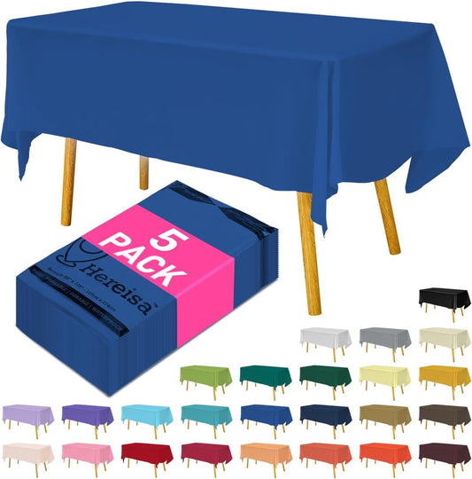Disposable Plastic Tablecloth Royal Blue 54x108 Inch, 5-Pack Waterproof Rectangular Table Cover for Parties, Picnics, Dining Protection