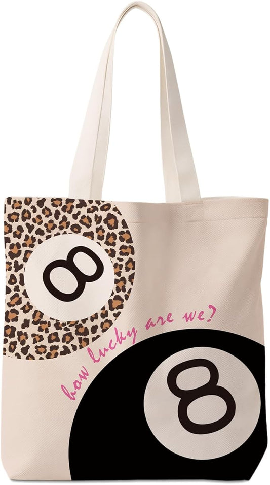 Coquette Leopard Print 8 Ball Tote Bag for Women,Trendy Cheetah Print Canvas Tote Bag for Girls,Girly Leopard 8 Ball Aesthetic Reusable Shopping Grocery Bags Party Favors