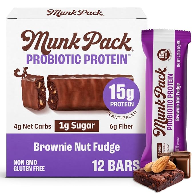Munk Pack Brownie Nut Fudge Keto Protein Bars Stocking Stuffers | 15g Protein, 1g Sugar, 4g Net Carbs | Vegan, Plant-Based Snacks for Gut Health | 12 Count