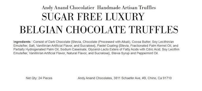 Andy Anand Chocolatier Sugar Free Belgian Chocolate Truffles with 6 Assorted Flavors, Espresso, Hazelnut, Strawberry, Coconut, Cherry, & Orange, Gluten Free Chocolate Gift Box (24 Pcs)