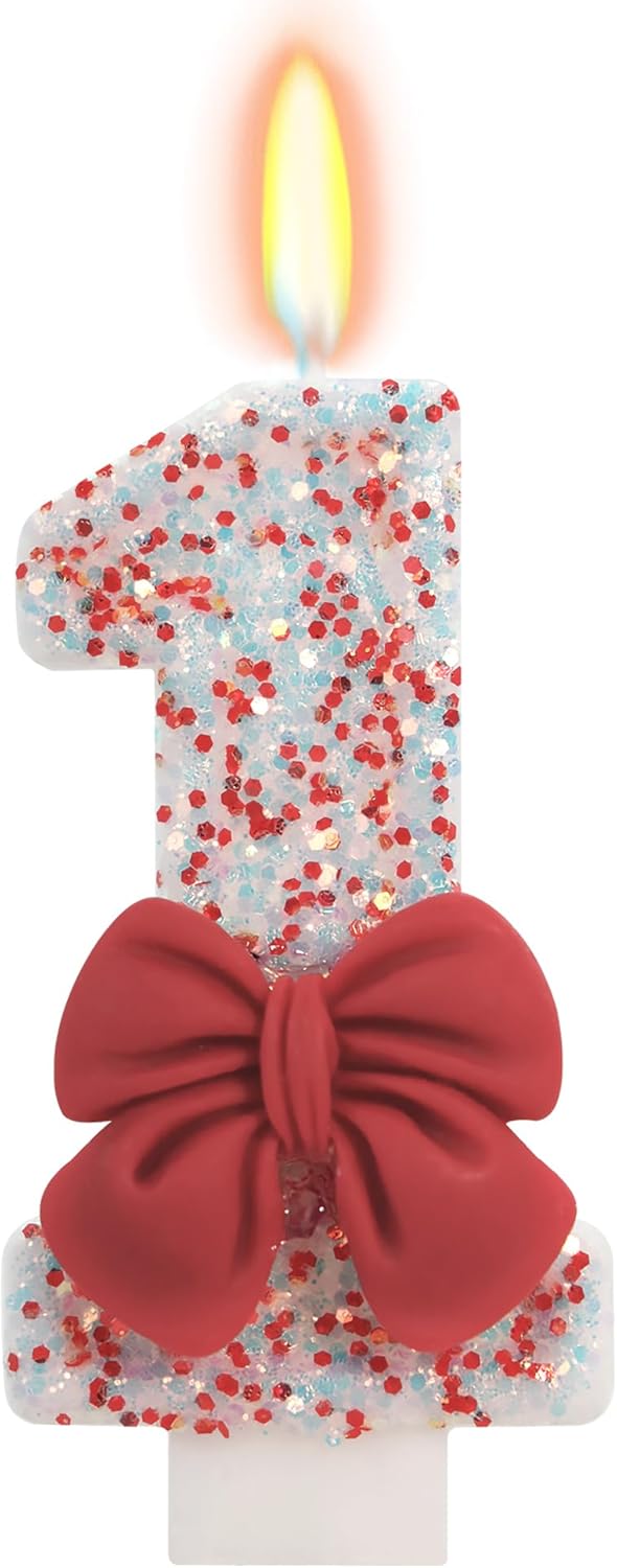 Birthday Candle for Cake, Red Bow Number Candles, 2.76 inch Cake Topper Decoration for Birthday Party (Number 1)