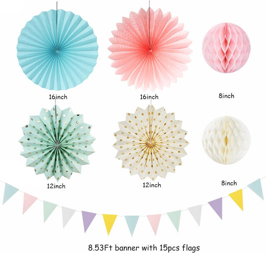 Pastel Rainbow Party-Decorations - 20pcs Pink Yellow Blue Classroom Ceiling Paper Lanterns Fans ,Girl Birthday Tissue Pom Poms,Honeycomb Balls,Bunting,Baby Shower Bridal Wedding Decor Burgleda