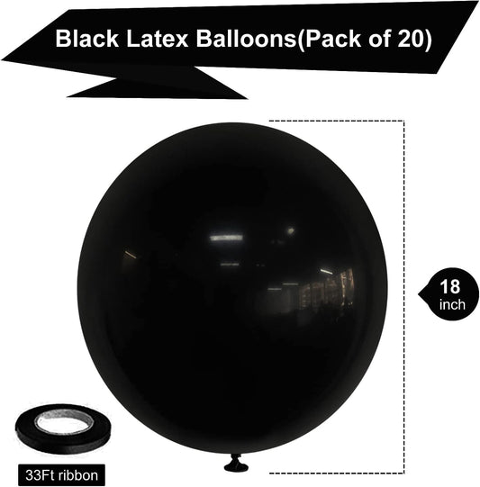 18 Inch Black Balloons Latex Party Balloons 20 Pack Big Black Thicker Balloons Large Round Helium Balloon for Christmas Thanksgiving Baby Shower Wedding Birthday Father's Day Party Decorations