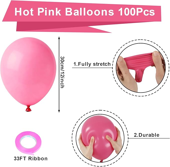 Patimate Hot Pink Balloons - 100pcs 12 Inch Bright Pink Latex Party Balloons for Valentine's Day Wedding Birthday Anniversary Engagement Bridal Shower Bachelorette Party Decorations