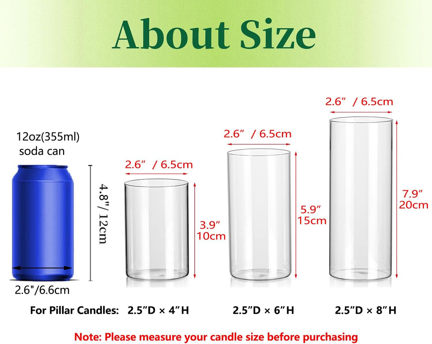 Glass Cylinder Vases Set of 6, Hewory Tall Clear Vase for Centerpieces, Glass Hurricane Candle Holders for Pillar Floating Candles, Round Vases for Wedding Events Table Decor, 2.6” in Diameter
