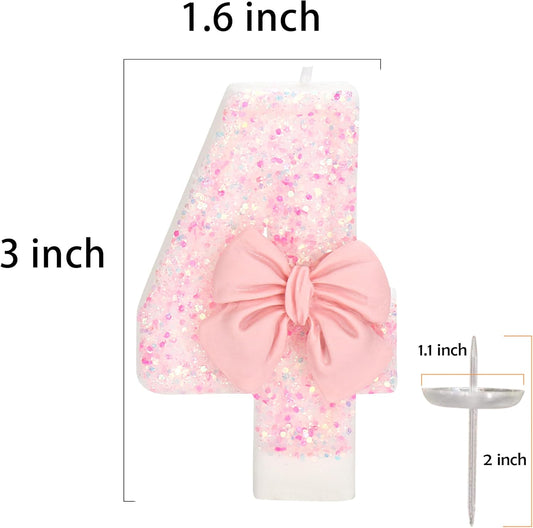 40th Birthday Number Cake Candles, Pink Bow, 2.76 inch, 2 Pack, Modern Style, Smokeless, Non-Toxic, Birthday Decoration