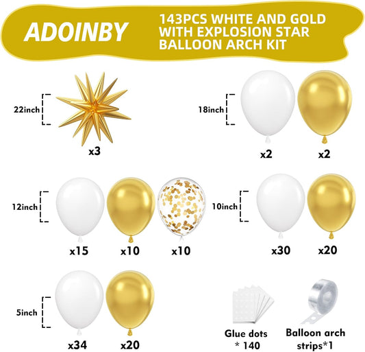 White and Gold Balloon Arch Kit, 146Pcs Explosion Star White Metallic Gold Latex Balloon Garland kit, 22 18 12 10 5 Inch Different Size Balloons for Anniversary Birthday Engagements Party Decorations