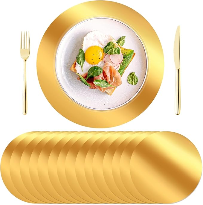 KesaPlan 50PCS Round Gold Placemats, 13" Disposable Paper Placemats for Dining Table, Mirrored Gold Charger Place Mat for Kitchen Banquet Table Setting Wedding Birthday Dinner Party