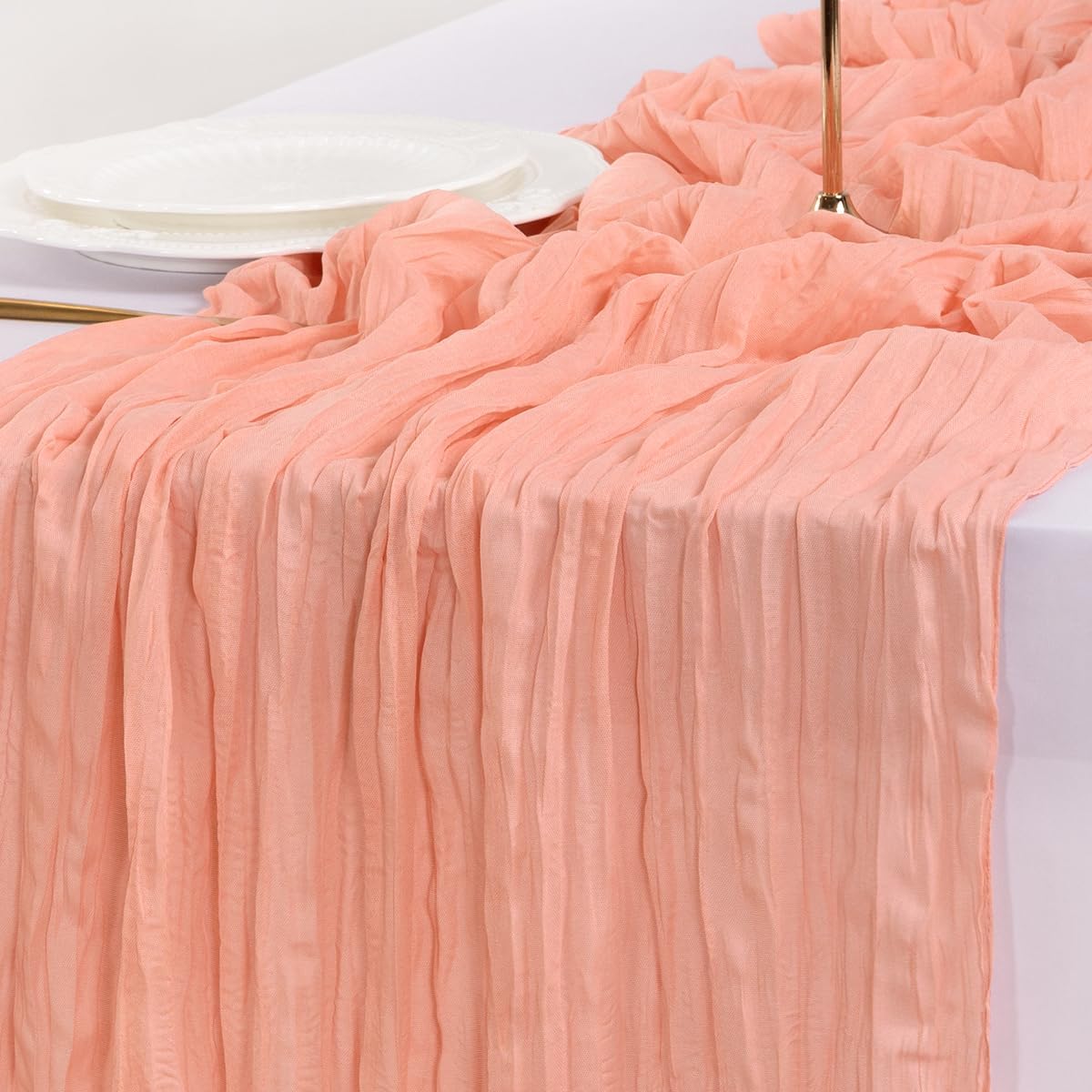 Socomi Coral Peach Fall Thanksgiving Cheesecloth Table Runner Boho Rustic Gauze 120 inch 10FT Cheese Cloth Runner for Wedding Party Baby Shower Birthday Home Decor Holiday Decorations
