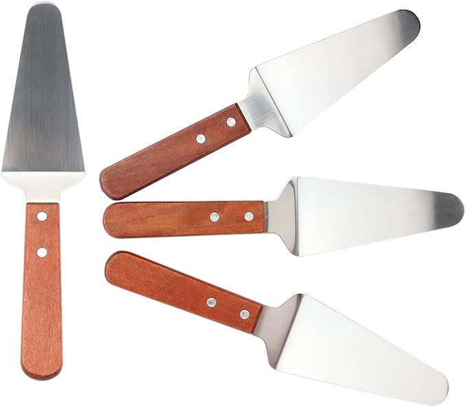 CZWESTC 4 Pcs Stainless Steel Pizza Servers with Wooden Handle, Triangular Spade Pie Pastry Spatula for Cake, Dessert, Tart, Pie and Pizza