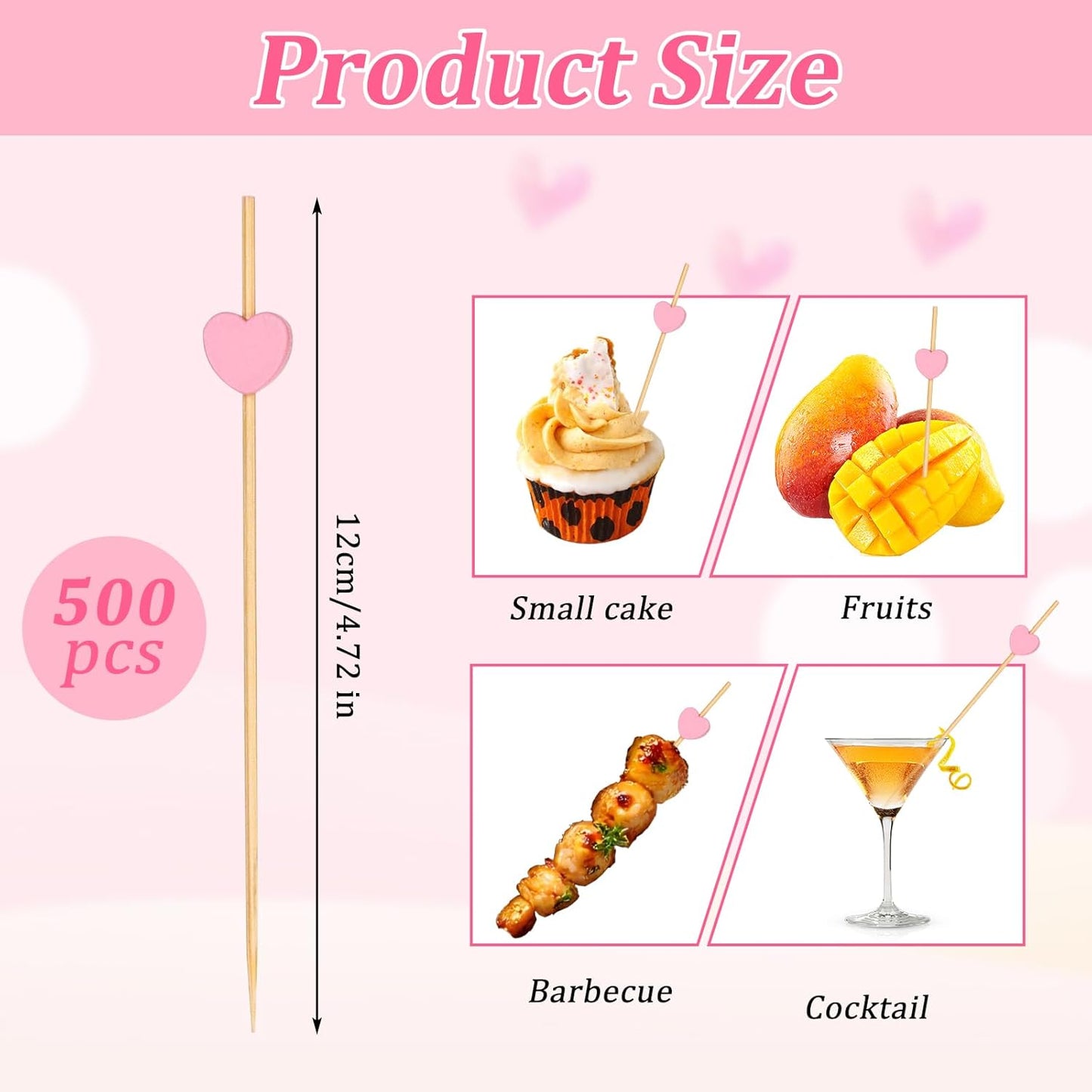 500 Pieces Pink Heart Toothpicks 4.7 Inch Fancy Bamboo Cocktail Picks for Frozen Appetizers Long Fruit Charcuterie Drink Sticks Wedding Party Valentines Day Decoration Party Supplies